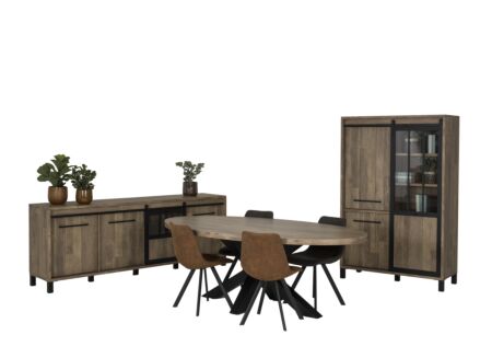 Eetkamer Alcatraz met 4 stoelen Frantz - tafel 225x120cm - dressoir 238cm - barkast 122cm