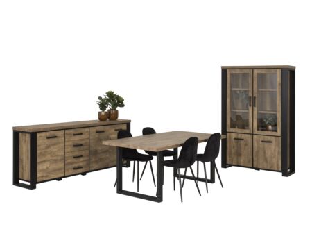 Eetkamer Estrella met 4 stoelen Charlton - tafel 190x95cm - dressoir 225cm - vitrinekast 126cm