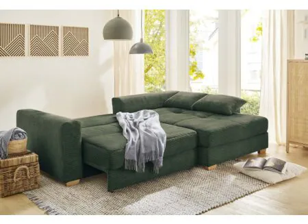 Canapé d'angle Kampen 288x186cm - tissu - vert avec function lit et rangement