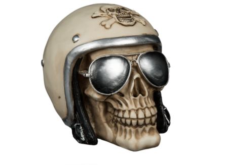 Spaarpot schedel met helm en zonnebril