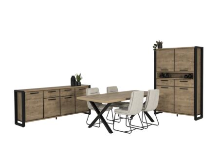 Eetkamer Cronos decor eik met 4 stoelen Crux - tafel 210x100cm - dressoir 218cm - kast 130cm