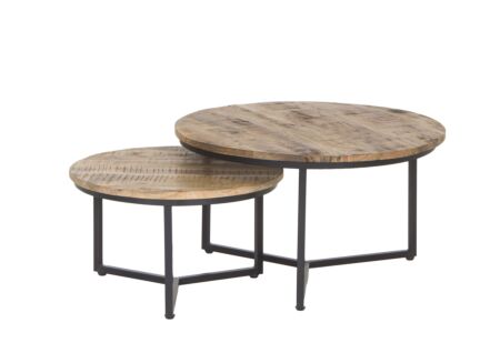 Bijzettafel Scrooge hout massief metaal rond set van 2