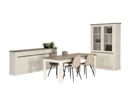 Eetkamer Eline met 4 stoelen Charlton - tafel 190x90cm - dressoir 220cm - vitrinekast 126cm