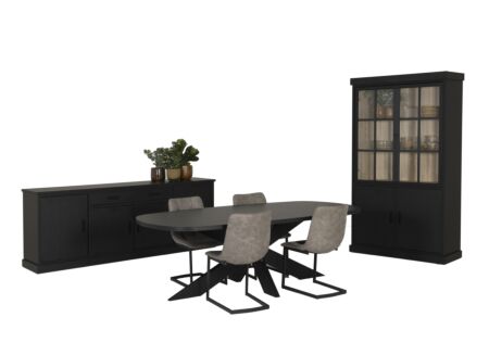 Eetkamer Raphael met 4 stoelen Cloud - tafel 230x119cm - dressoir 240cm - vitrinekast 122cm
