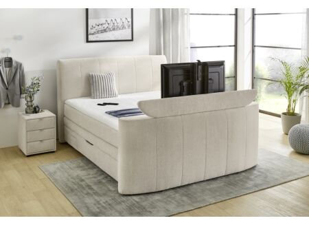 Boxspring Belair Normal 180x200cm - stof - beige met tv-lift en opbergruimte