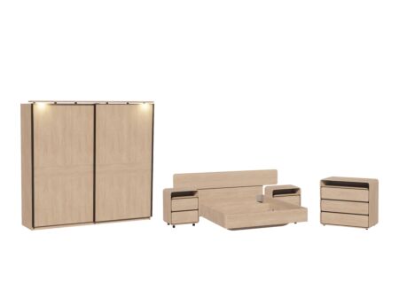 Slaapkamer met bed 160x200cm - kleerkast 242cm - commode 97cm en 2 nachtkastjes