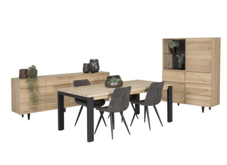 Eetkamer Palacio eik massief, met 4 stoelen Fuel - tafel 200x100cm - dressoir 225cm - barkast 125cm