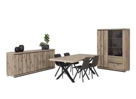Eetkamer Stefan met 4 stoelen Frantz - tafel 200x100cm - dressoir 232cm - vitrinekast 130cm