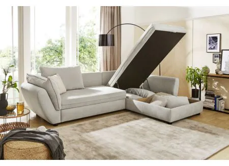 Canapé d'angle Jerez 303x205cm - tissu - greige avec fonction de lit & rangement
