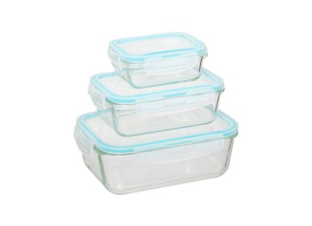 Bewaardoos ClipEat - glas - blauw set van 3