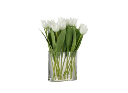 Tulpen in vaas H38cm - kunststof & glas - groen/wit