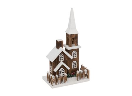 Kerstdecoratie Houten Kerk met Hek en LED H40cm