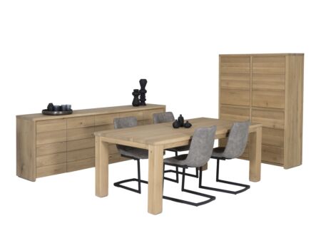 Eetkamer Amarillo eik massief, met 4 stoelen Cloud - tafel 180x90cm - dressoir 225cm - barkast 125cm