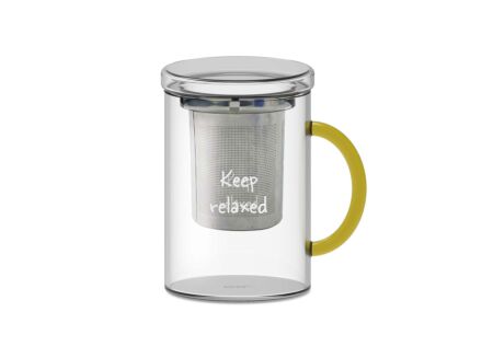 Theeglas Keep Relaxed 42cl - glas & RVS - transparant & geel