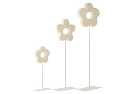 Deco Bloem op voet - paulownia hout - wit set van 3