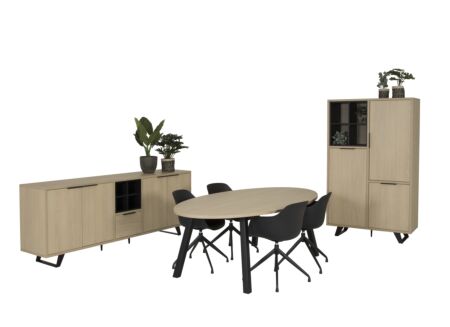 Eetkamer Veneto met 4 stoelen Burning - tafel 225x120cm - dressoir 235cm - barkast 113cm