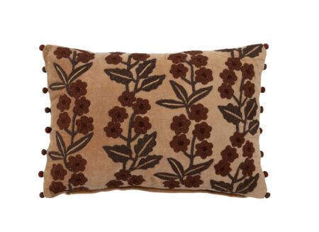 Kussen Bloem & Bladeren 50x35cm - katoen - camel bruin