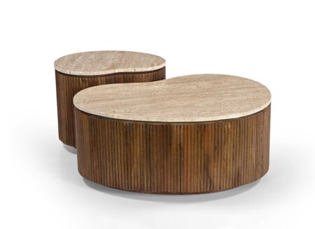Salontafel Fossa 80x60x35cm/50x38x40cm - mango massief & travertijn - bruin set van 2