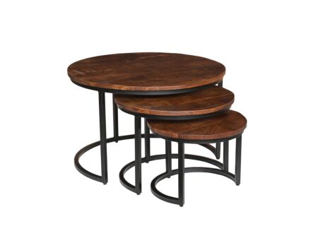 Salontafel Japa &Oslash;70x44/&Oslash;50x37/&Oslash;40x30cm - mango massief & metaal - bruin set van 3