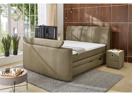 Aperçu - Boxspring Belair Max 180x200cm - tissu - boue avec ascenseur TV et rangement