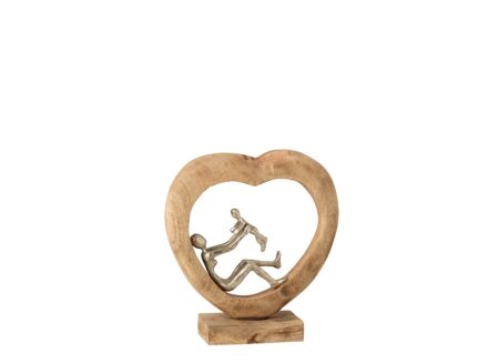 Figuur Ouder met kind H30cm - mango massief & aluminium - naturel/zilver