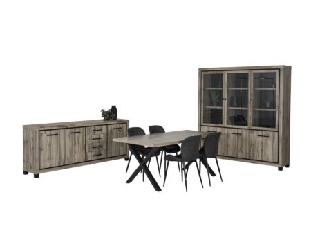 Eetkamer Elegance met 4 stoelen - tafel 190cm - glaskast 191cm - dressoir 225cm