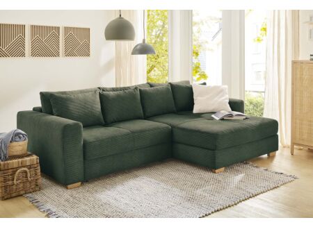 Hoeksalon Kampen 288x186cm - stof - groen met bedfunctie en opbergruimte