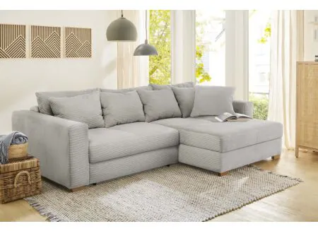Hoeksalon Kampen 288x186cm - stof - lichtgrijs met bedfunctie en opbergruimte