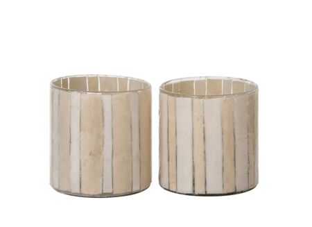 Theelichthouder Cilinder Gestreept Ø12x12cm - glas - ecru & beige set van 2