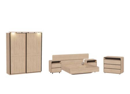 Slaapkamer met bed 160x200cm - kleerkast 184cm - commode 97cm en 2 nachtkastjes