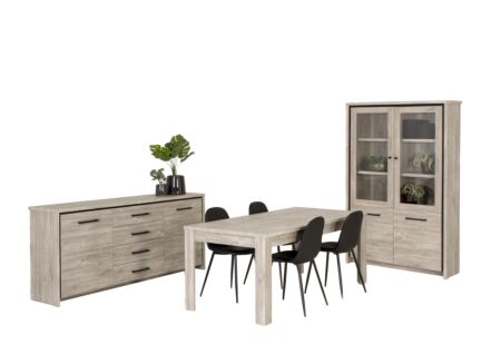 Eetkamer Elias met 4 stoelen Chuck - tafel 190x90cm - dressoir 201cm - vitrinekast 115cm