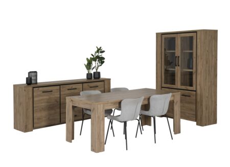Eetkamer Elio met 4 stoelen Jutta - tafel 190x90cm - dressoir 220cm - vitrinekast 133cm