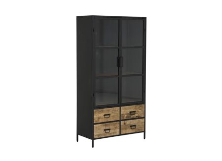 Vitrinekast Valeria 95cm - mango massief - naturel/zwart