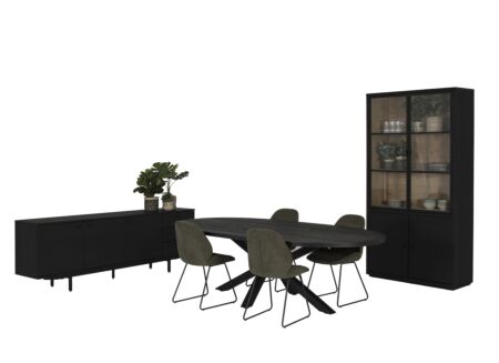 Eetkamer Mauri eik massief met 4 stoelen Patti - tafel 250x128cm - dressoir 240cm - vitrinekast 116,5cm