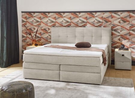 Boxspring Amy 180x200cm - stof - greige met opbergruimte