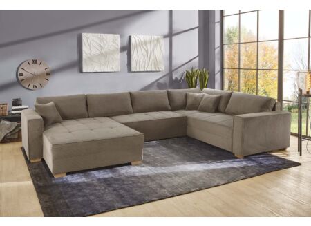Hoeksalon Brixen 379x227cm - ribfluweel - lichtbruin met bedfunctie