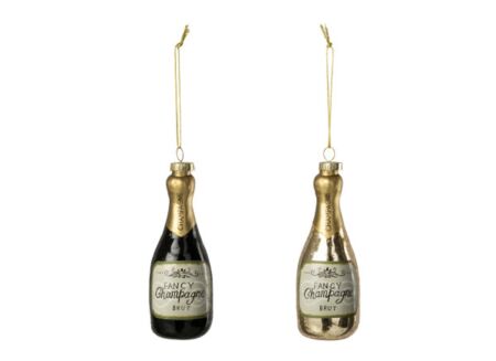 Kerst Ornament Champagne 5x5x13,5cm - glas - goud & zwart