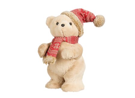 Kerstdecoratie Beer 16x15x33cm - stof - beige & rood