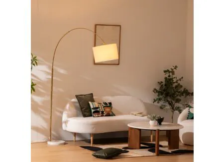 Foto ambiance - Lampadaire Tilio E27 H195cm - marbre/polyester - blanc/or
