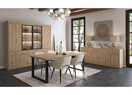 Eetkamer Valencia met 4 stoelen Walter - tafel 210x98cm  - vitrinekast 240cm - dressoir 225cm