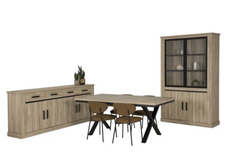 Eetkamer Tibo met 4 stoelen Jumper - tafel 190/250x100cm - dressoir 235cm - vitrinekast 135cm
