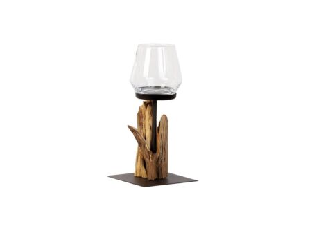 Windlicht Raisa H30cm - hout massief & glas - naturel