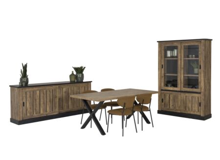 Eetkamer Etienne met 4 stoelen Jumper - tafel 190x95cm - dressoir 221cm - vitrinekast 135cm