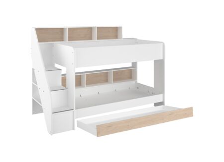 Stapelbed met bedlade Bibliobed 90x200cm - meubelplaat - wit/beige