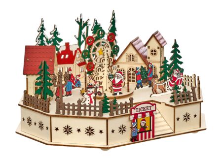 Kerstdecoratie Dorpsplein LED met muziek 29x23xH16,5cm - hout - multicolor