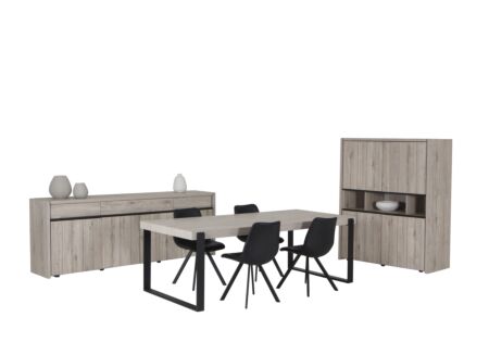 Eetkamer met 4 stoelen Frantz - tafel 226x103cm - dressoir 248cm - barkast 140cm