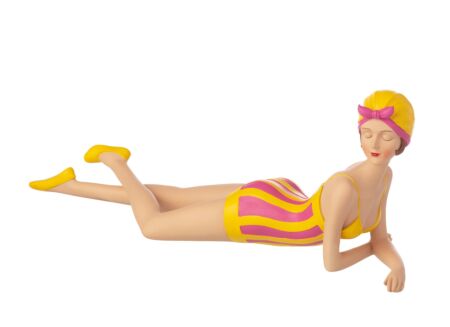 Deco Vrouw Badpak Liggen 54x8,5x15,5cm - polyresin - geel & roze