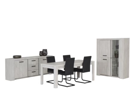Eetkamer Elvis met 4 stoelen Quartz - tafel 190x90cm - dressoir 220cm - vitrinekast 133cm
