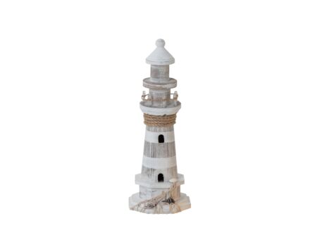 Deco Vuurtoren LED Ø10x28cm - dennenhout - wit & beige