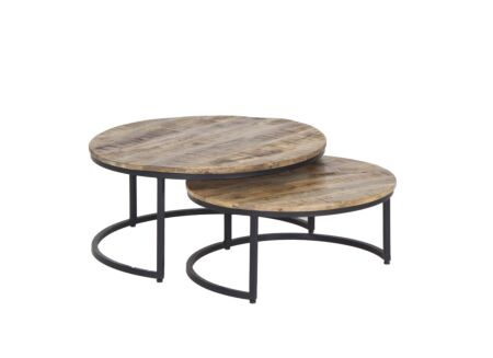 Salontafel Half Moon hout massief metaal rond set van 2